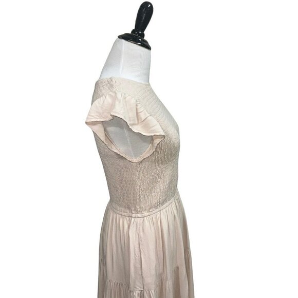 Zesica Women's S Small Peasant Midi Dress Smocked Cap Sleeves  Boho Beige - Picture 5 of 8